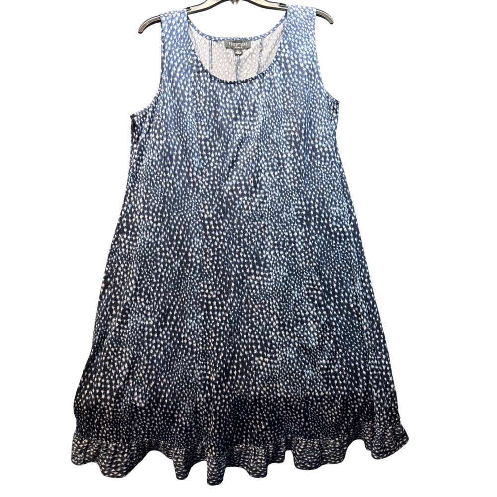 Perceptions Dress Women 18W Blue White Abstract Polka Dot Ruffle Hem A-Line Boho